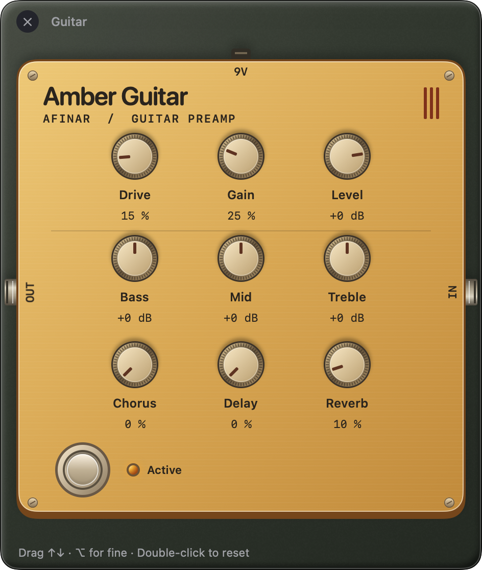 Afinar’s Amber Guitar pedal, with drive, EQ, chorus, delay, and reverb controls.
