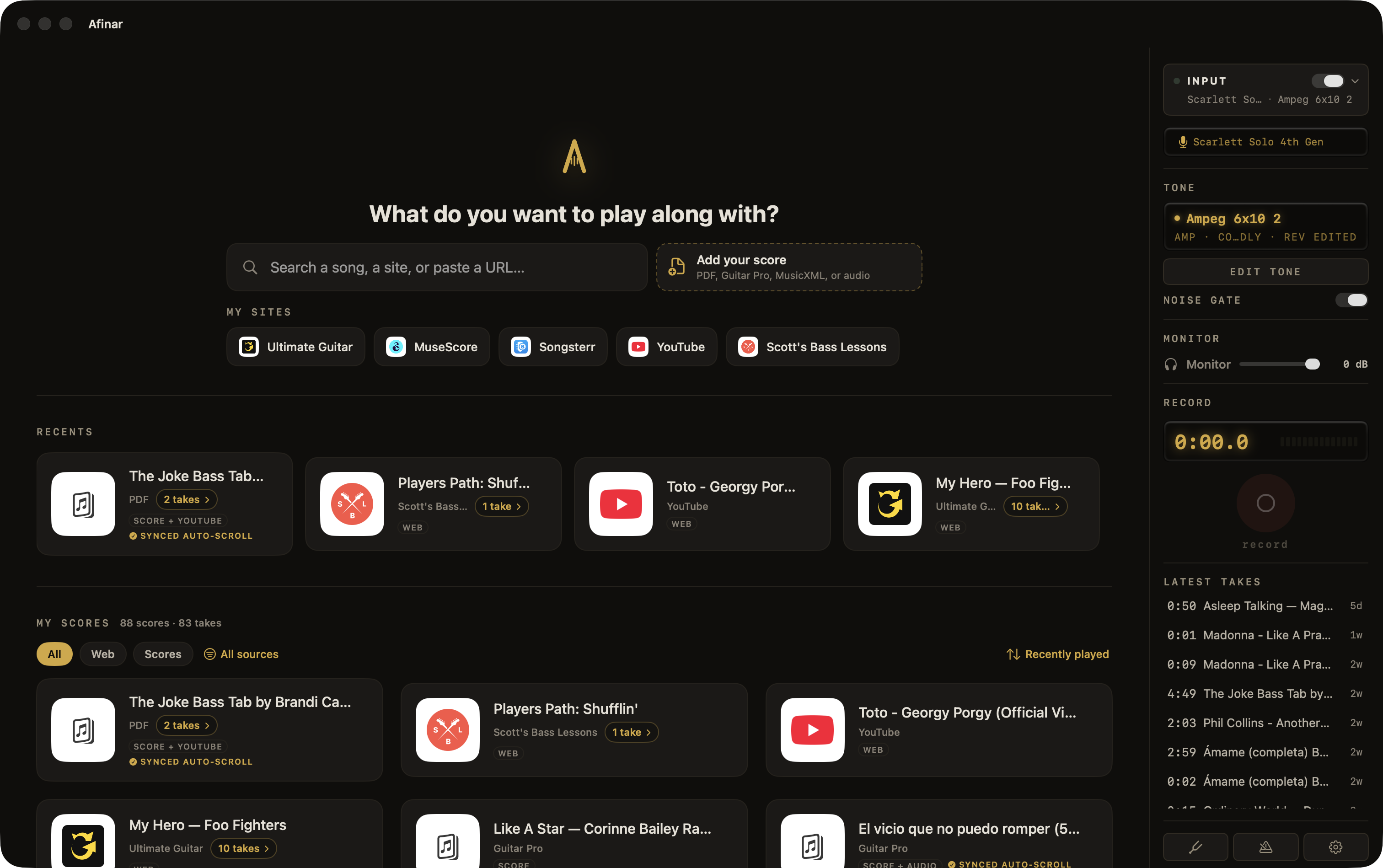 The Afinar library: a grid of scores of visibly mixed kinds — web tabs, PDFs, chart files and videos — each with its own cover and source.