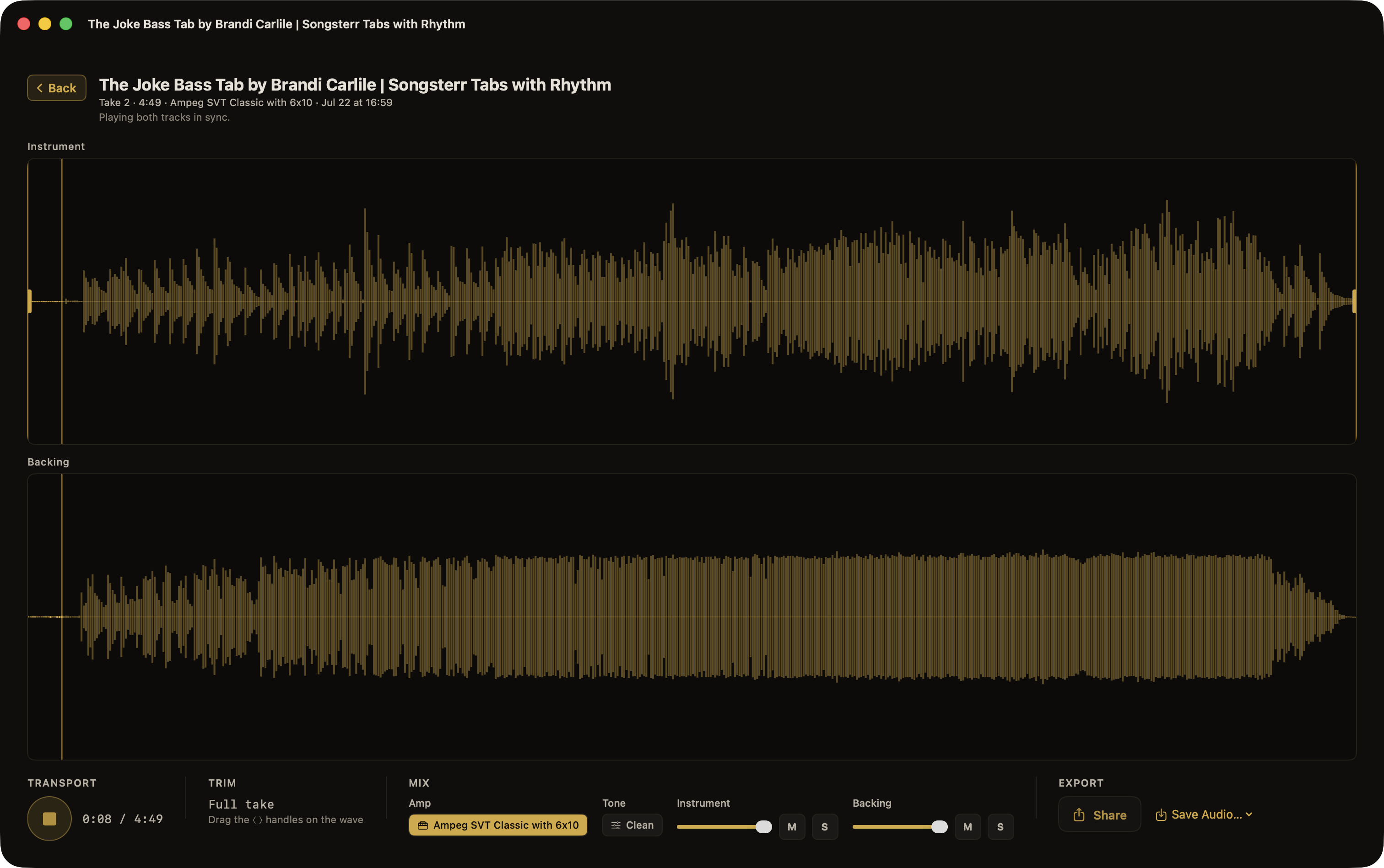 Listen-back in Afinar: the instrument waveform above the backing waveform, playing in sync, with the amp and tone that were used, trim handles, mix faders and export.
