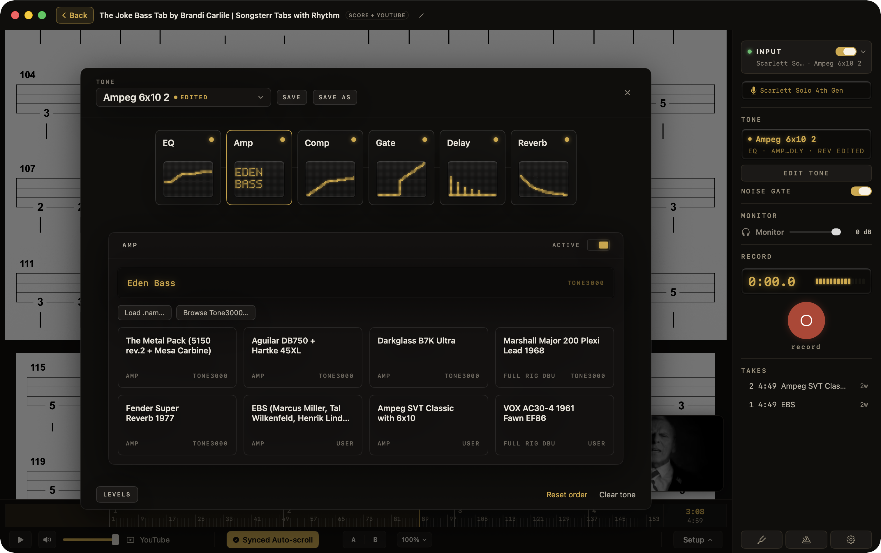 The Tone3000 browser open inside Afinar's tone modal, listing amp captures that can be auditioned live and loaded in a click.