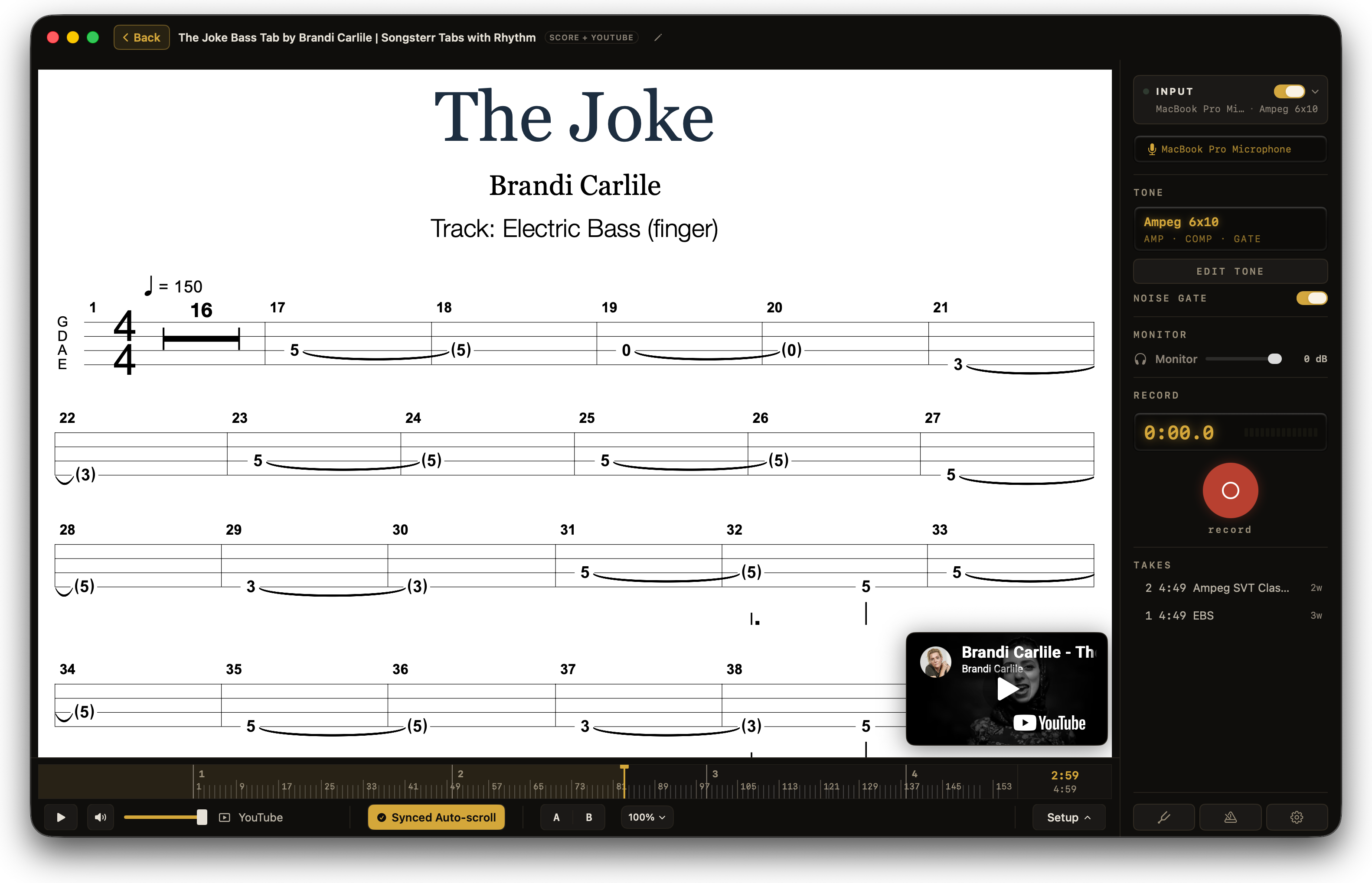 A Songsterr bass tab for The Joke by Brandi Carlile in Afinar with a YouTube backing docked at the corner, Synced Auto-scroll lit, the position bar mapping 153 bars against a 4:59 recording, and two takes in the rail.