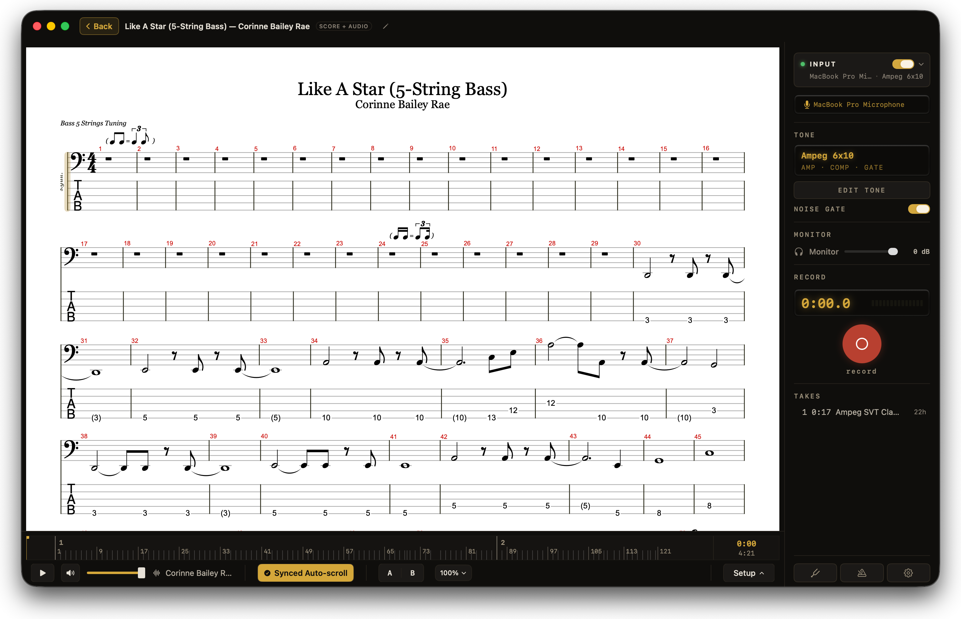 A Guitar Pro chart of Like A Star for five-string bass on the stage in Afinar, numbered bars over tab, Synced Auto-scroll lit, one take in the rail.