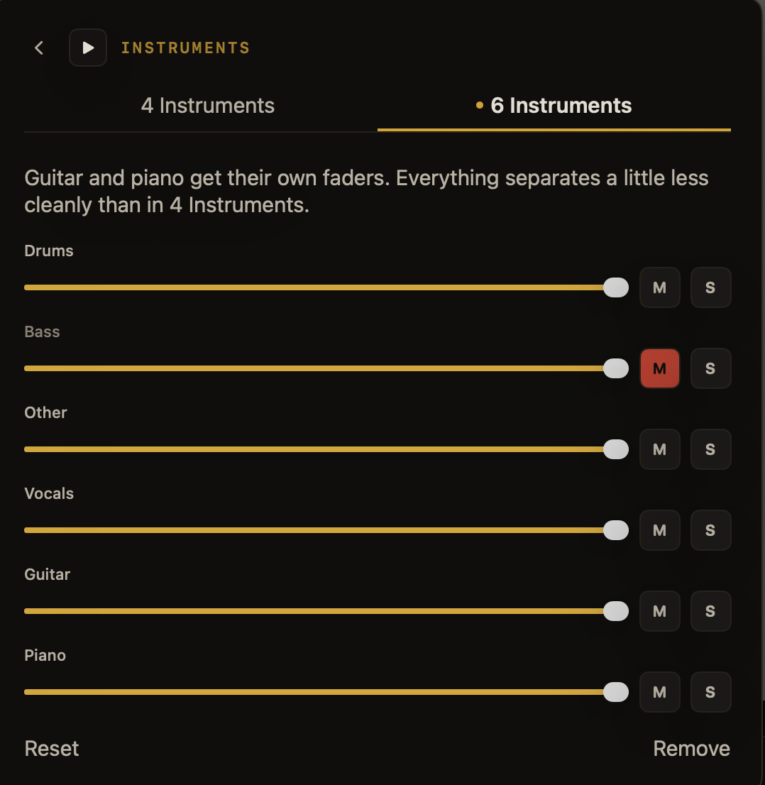 The Instruments pane in Afinar, showing a track separated into six faders — drums, bass, other, vocals, guitar and piano — with Bass muted so the bass part drops out of the record.