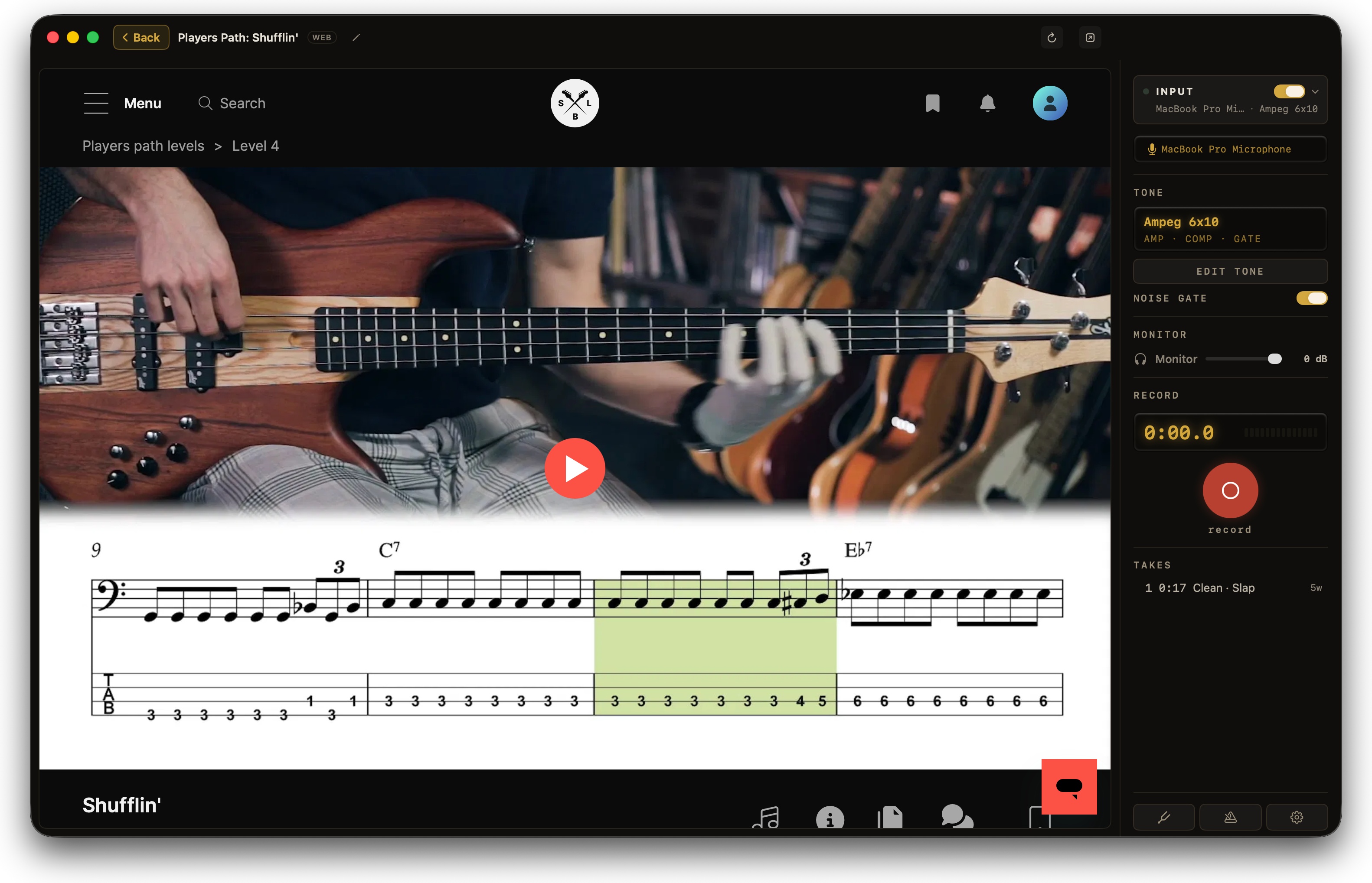 A bass lesson on the stage in Afinar — a video of the part above the notation for it — with the recorder rail beside it and one take.