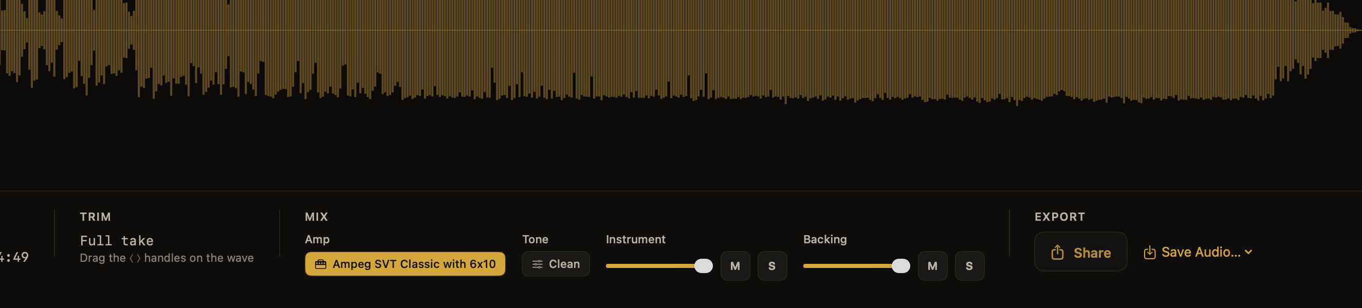 A detail of the listen-back bar: the trim handles under the waveform, the amp the take was played through, the tone toggle, and separate faders for instrument and backing.