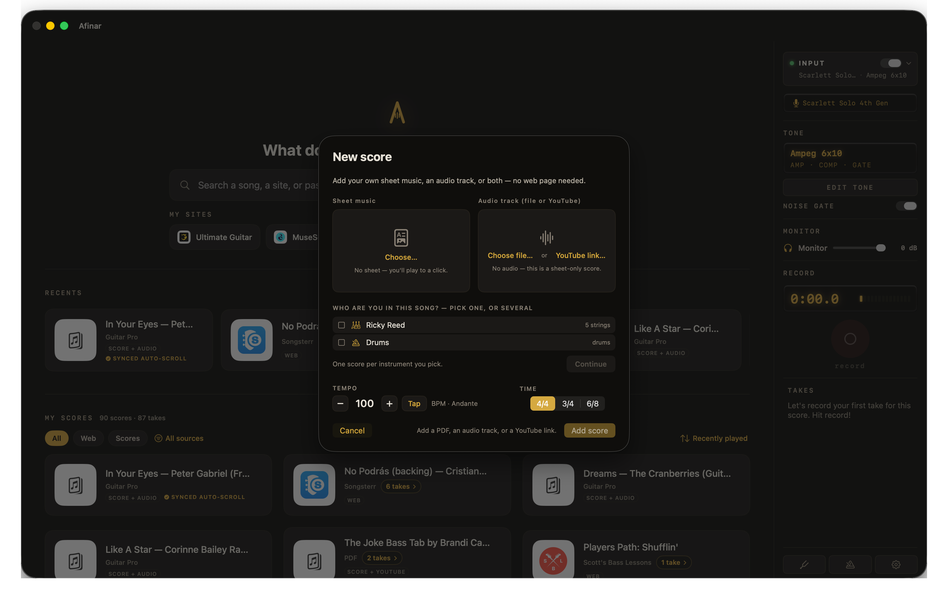 The New score dialog open over the library in Afinar: Add your own sheet music, an audio track, or both, with a Sheet music target and an Audio track target for a file or a YouTube link, an instrument picker, and tempo and time signature.