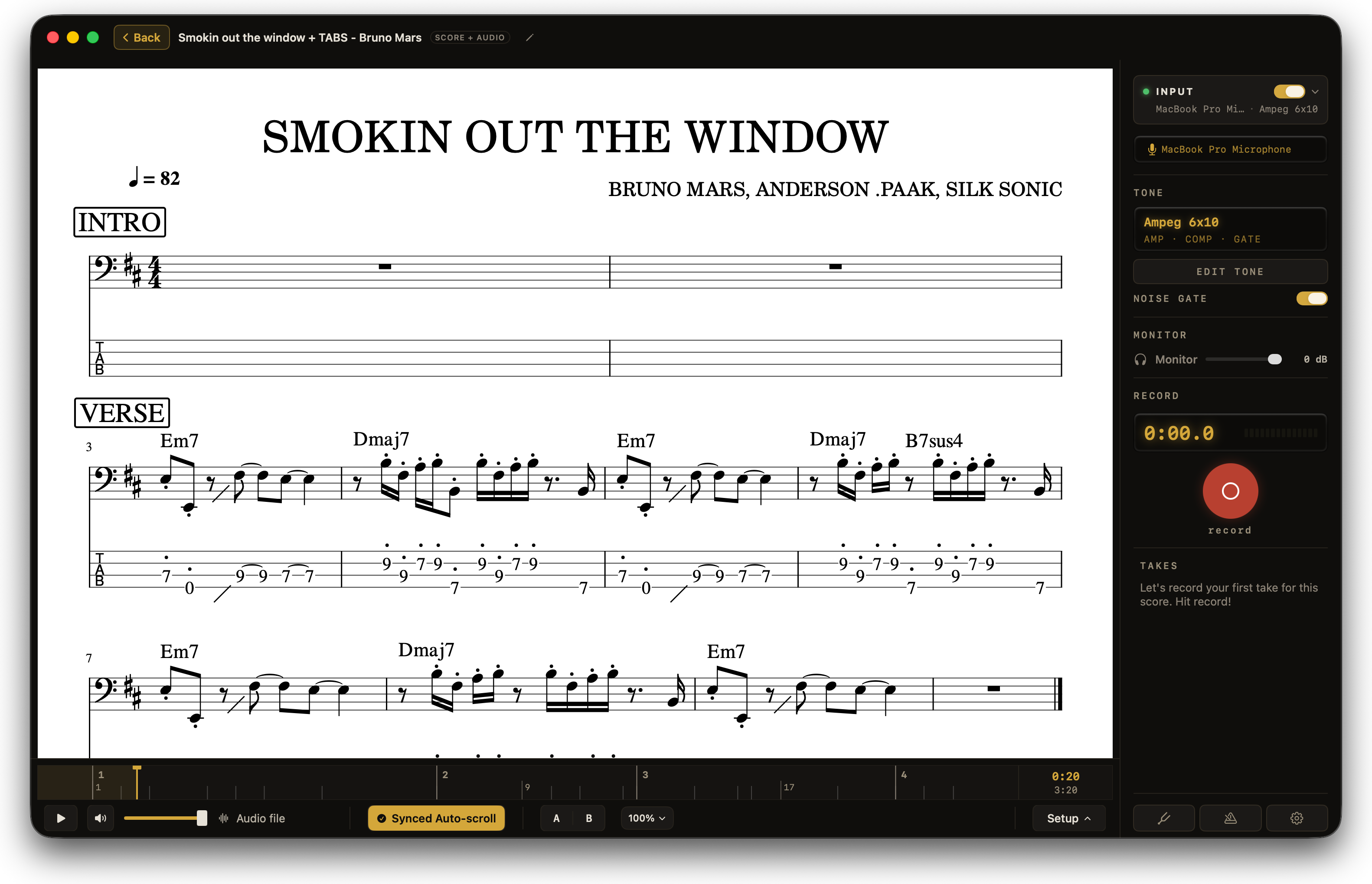 A PDF score of Smokin Out The Window on the stage in Afinar, engraved notation over tab, with Synced Auto-scroll lit and the recorder rail beside it.