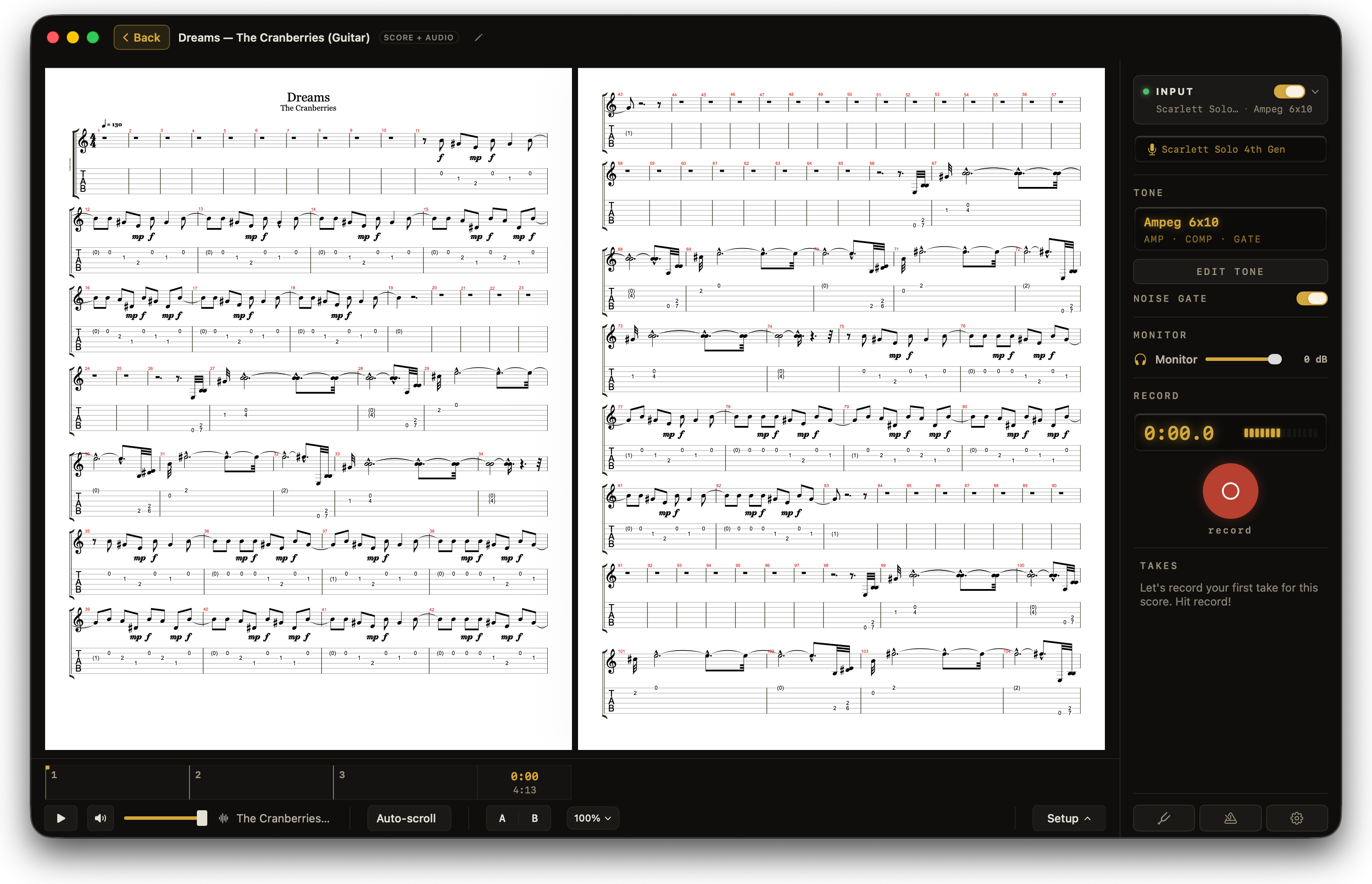 A two-page spread of Dreams by The Cranberries filling the stage in Afinar, both pages of notation over tab legible side by side, with the recorder rail beside them.