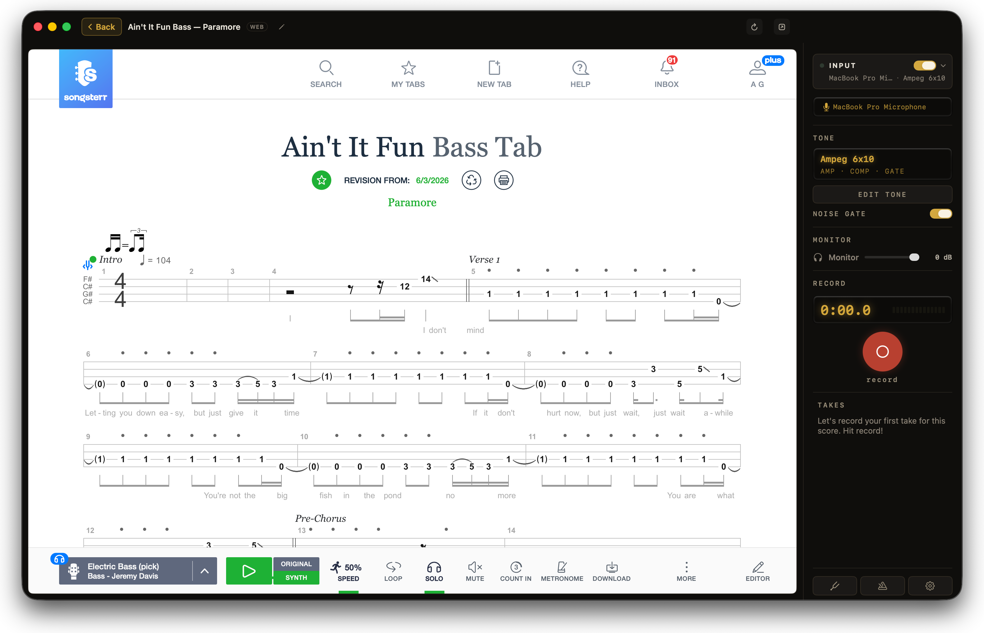 A Songsterr bass tab for Ain’t It Fun by Paramore open on the stage in Afinar, signed in, with the recorder rail beside it.