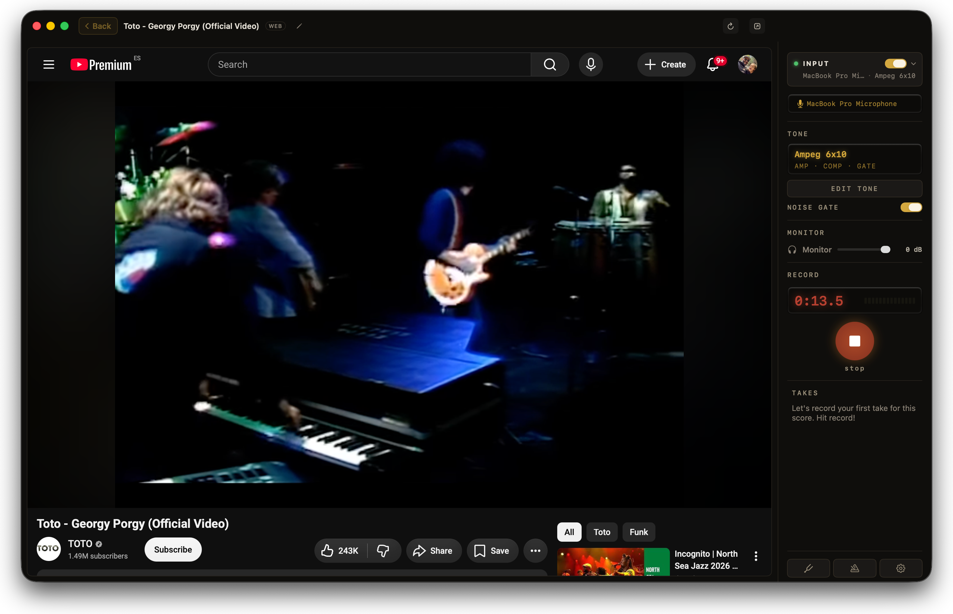 A Toto video playing full-window in Afinar, signed into YouTube Premium, with the recorder rail beside it mid-take at 13.5 seconds.